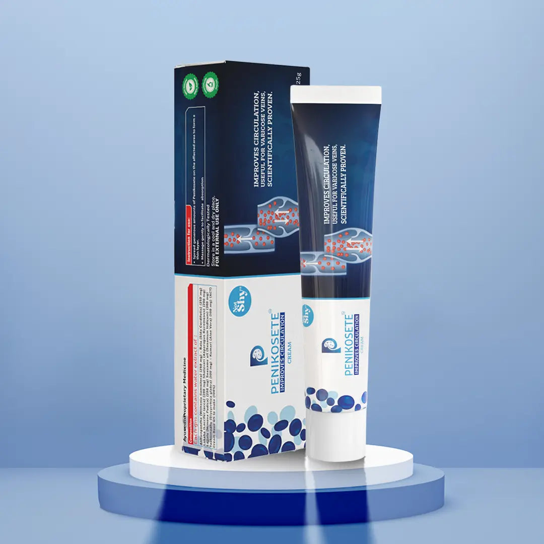 PENIKOSETE Ayurvedic cream for varicose veins and varicocele product packaging on display podium