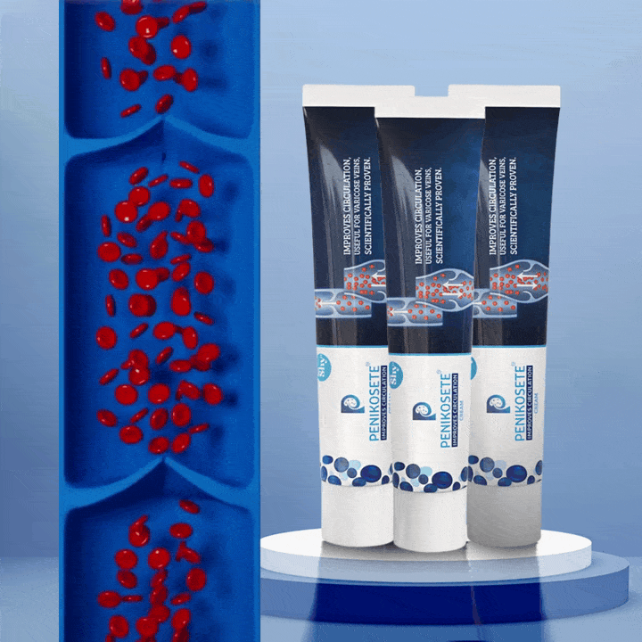 Three tubes of PENIKOSETE Ayurvedic cream with varicose vein illustration showing improved blood flow