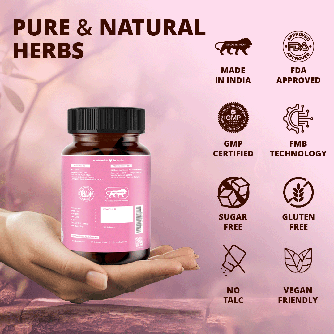 Back Label of TABB-69®️ F Supplement Bottle Held in Hand – Highlights Pure & Natural Herbs, Made in India, FDA Approved, GMP Certified, Sugar-Free, Gluten-Free, Vegan, No Talc