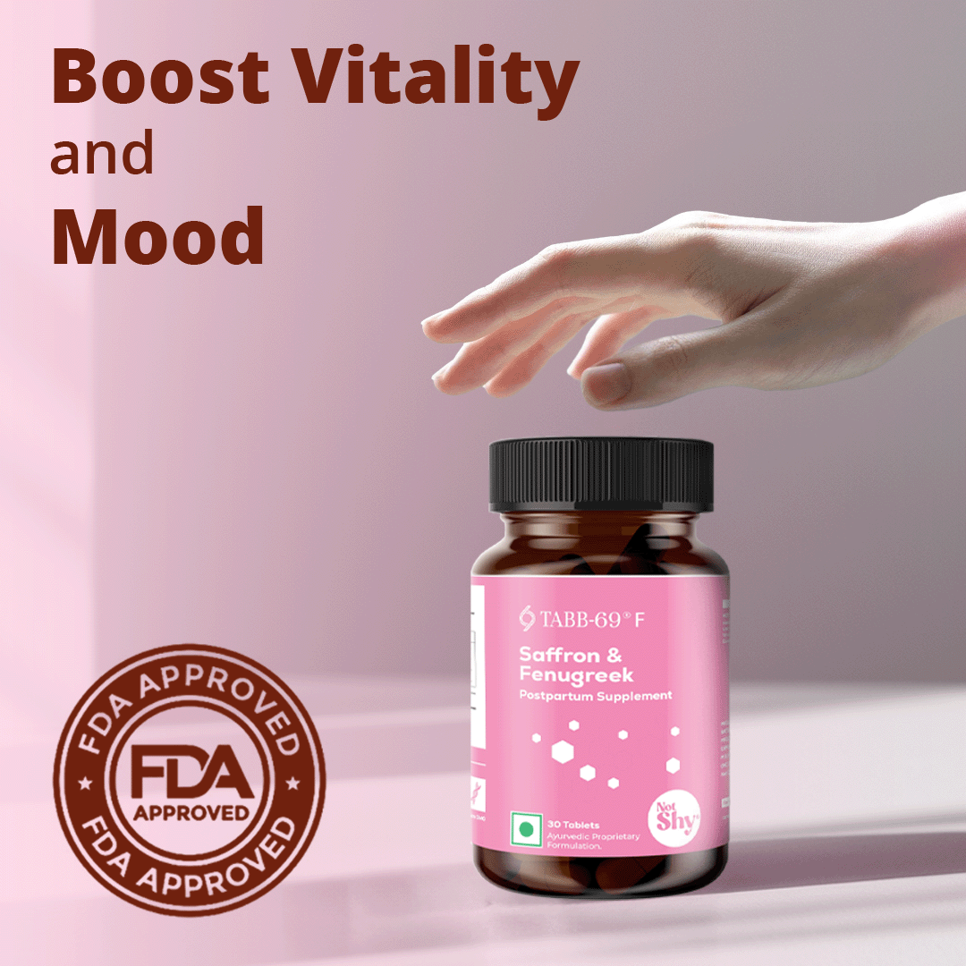 TABB-69®️ F Saffron & Fenugreek Supplement Bottle – Boosts Vitality and Mood – FDA Approved, Hand Reaching Toward Product