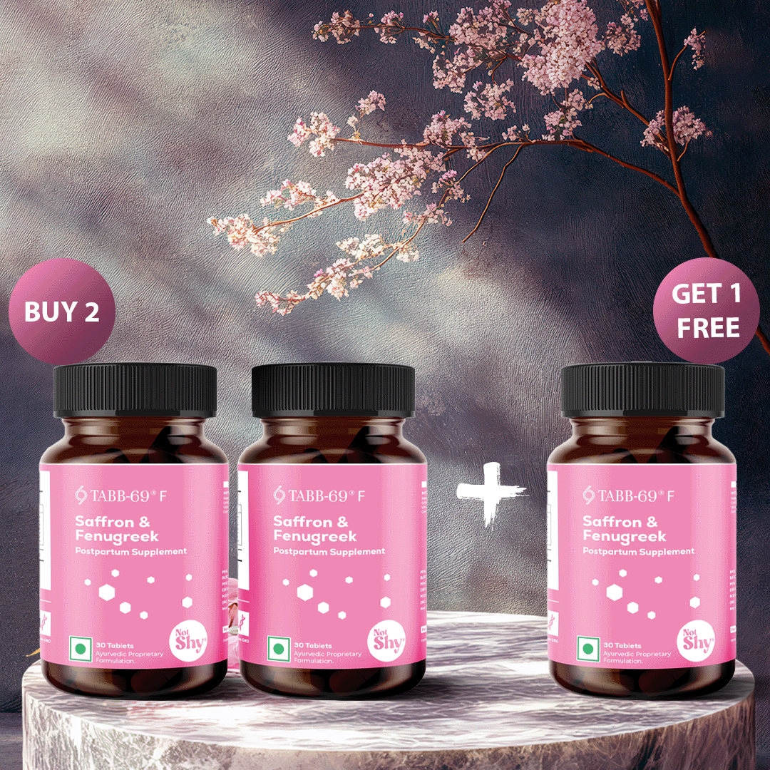 TABB-69®️ F Saffron & Fenugreek Supplement – Buy 2 Get 1 Free Offer Displayed with Three Bottles on Floral Background