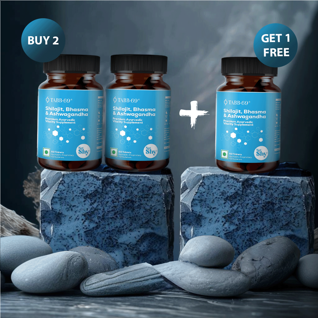 TABB-69 Men’s Shilajit, Bhasma & Ashwagandha Supplement – Buy 2 Get 1 Free Combo Offer Displayed on Stone Background