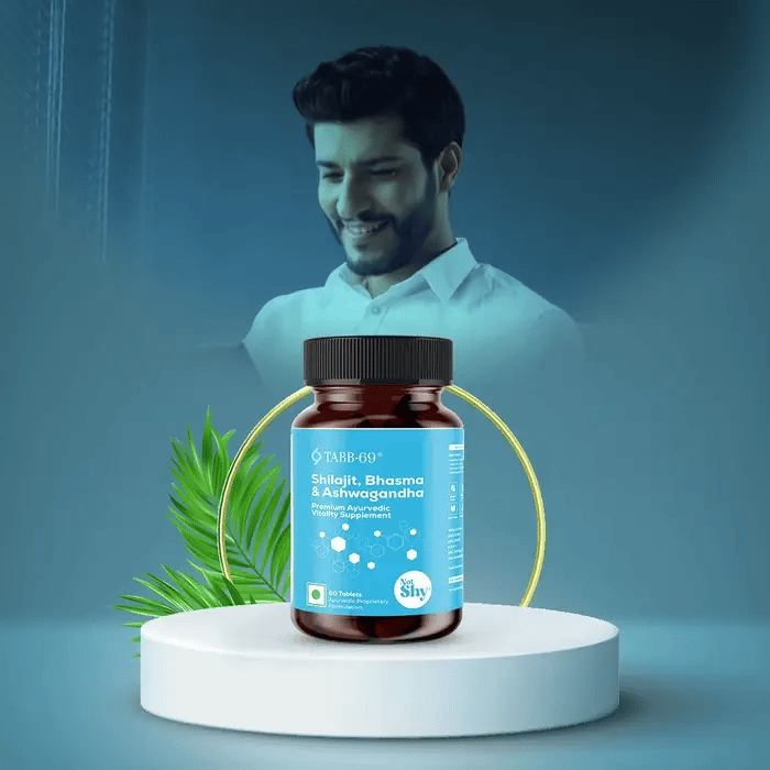 TABB-69 Men’s Supplement with Shilajit and Ashwagandha – Boosts Vitality and Confidence, Featured with Smiling Man in Background