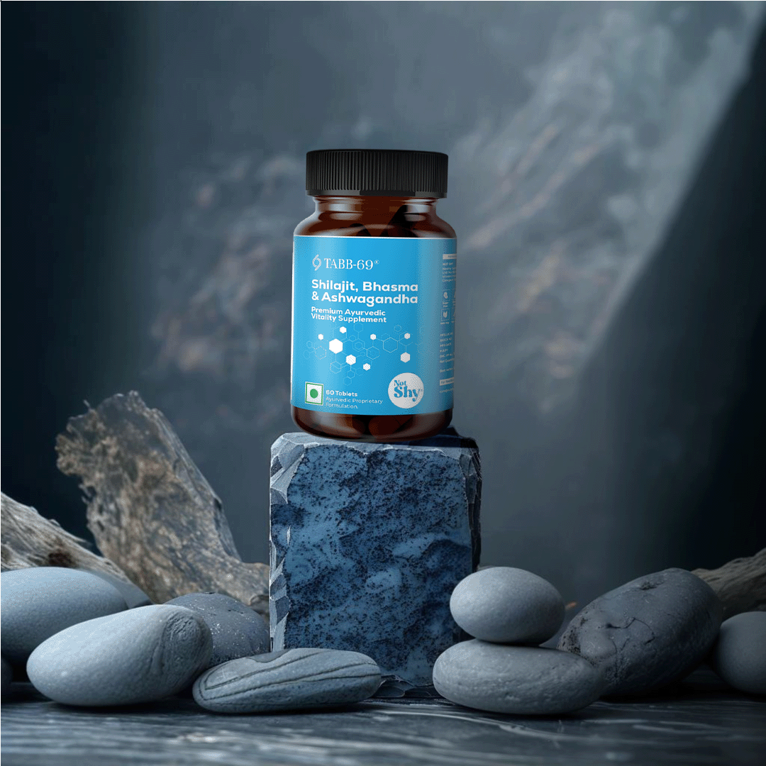 TABB-69 Men’s Supplement with Shilajit, Bhasma, and Ashwagandha – Ayurvedic Vitality Formula Displayed on Stone Backdrop
