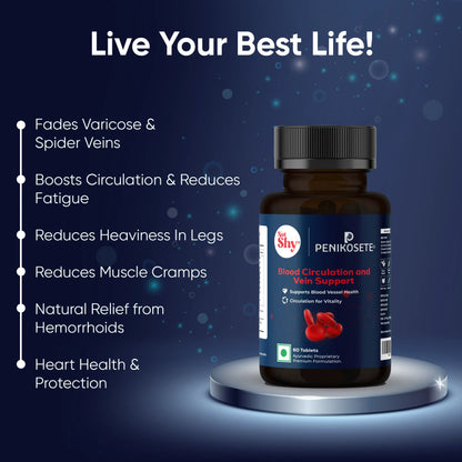 PENIKOSETE®️ Ayurvedic Tablets of Ashwagandha, Punarnava, Turmeric & Triphala | Reduce Varicose Veins & Boost Circulation | Reduce Leg, Ankle & Feet Swelling, Support Heart & Rectal Health | 60 Easy-to-Swallow Tablets