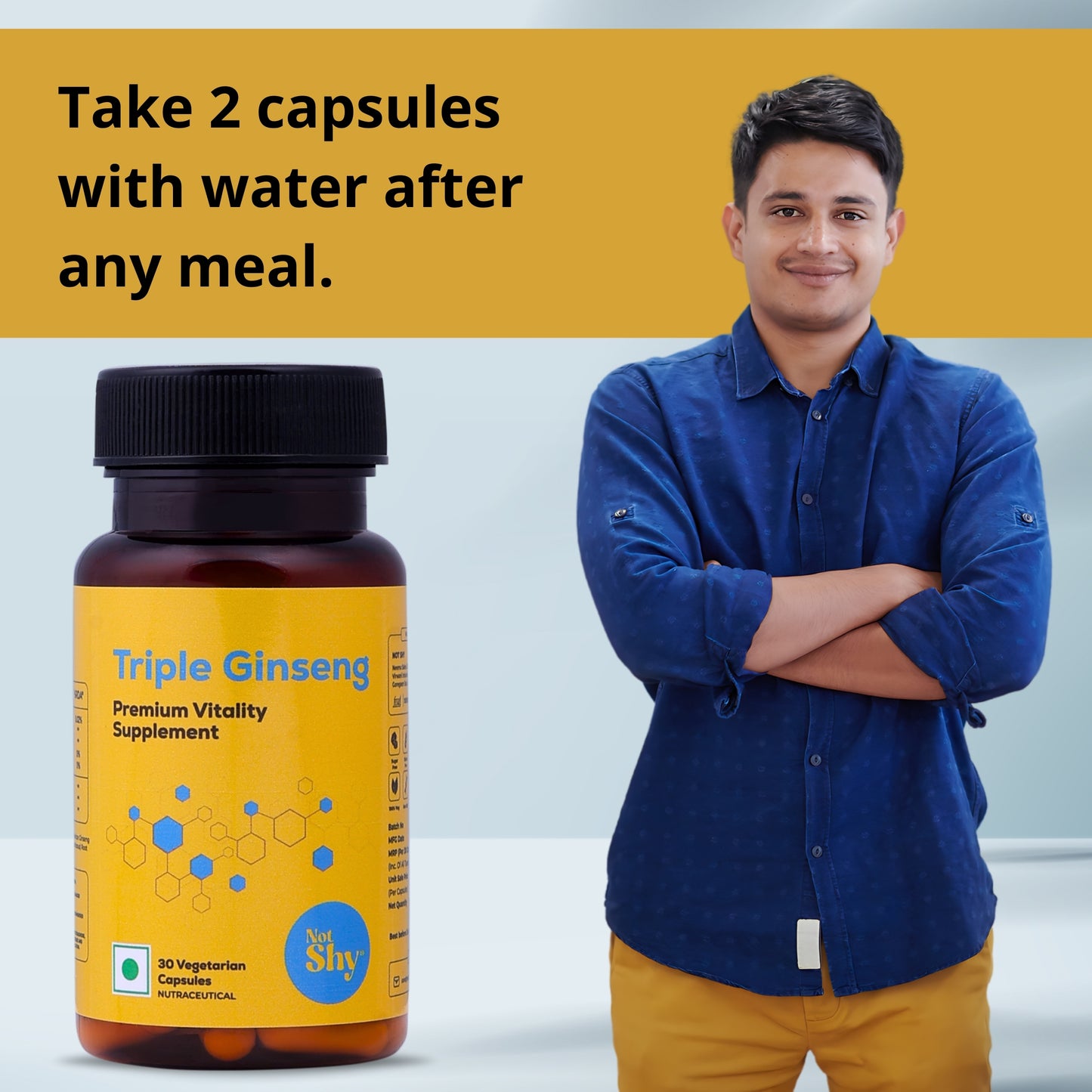 NOTSHY Triple Ginseng capsules formulation is a unique blend of Korean, American, Siberian Ginseng. 1 Bottle of 30 Veg Capsules