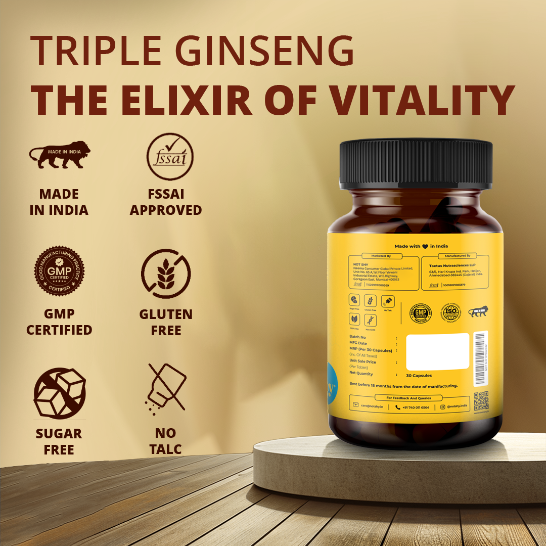 Back view of Not Shy Triple Ginseng supplement bottle highlighting benefits like Made in India, FSSAI approved, gluten free, sugar free, and GMP certified