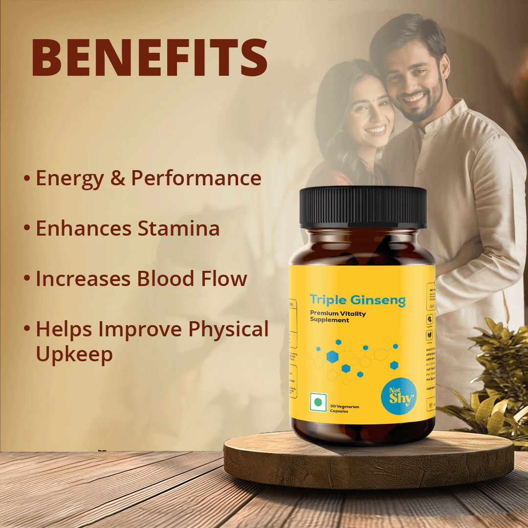 Not Shy Triple Ginseng supplement benefits including energy, stamina, blood flow, and physical upkeep with product bottle and happy couple