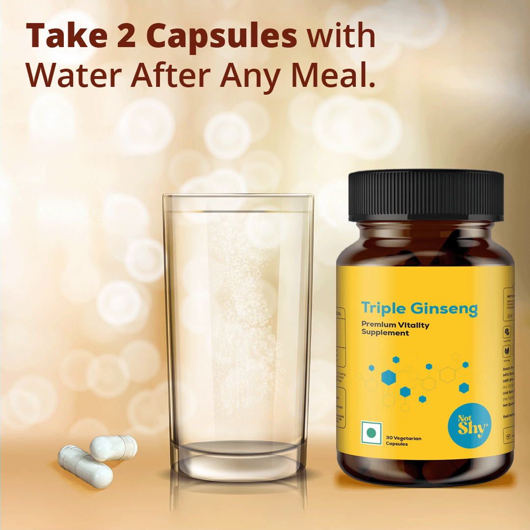 Dosage instruction for Not Shy Triple Ginseng capsules – take 2 capsules with water after any meal