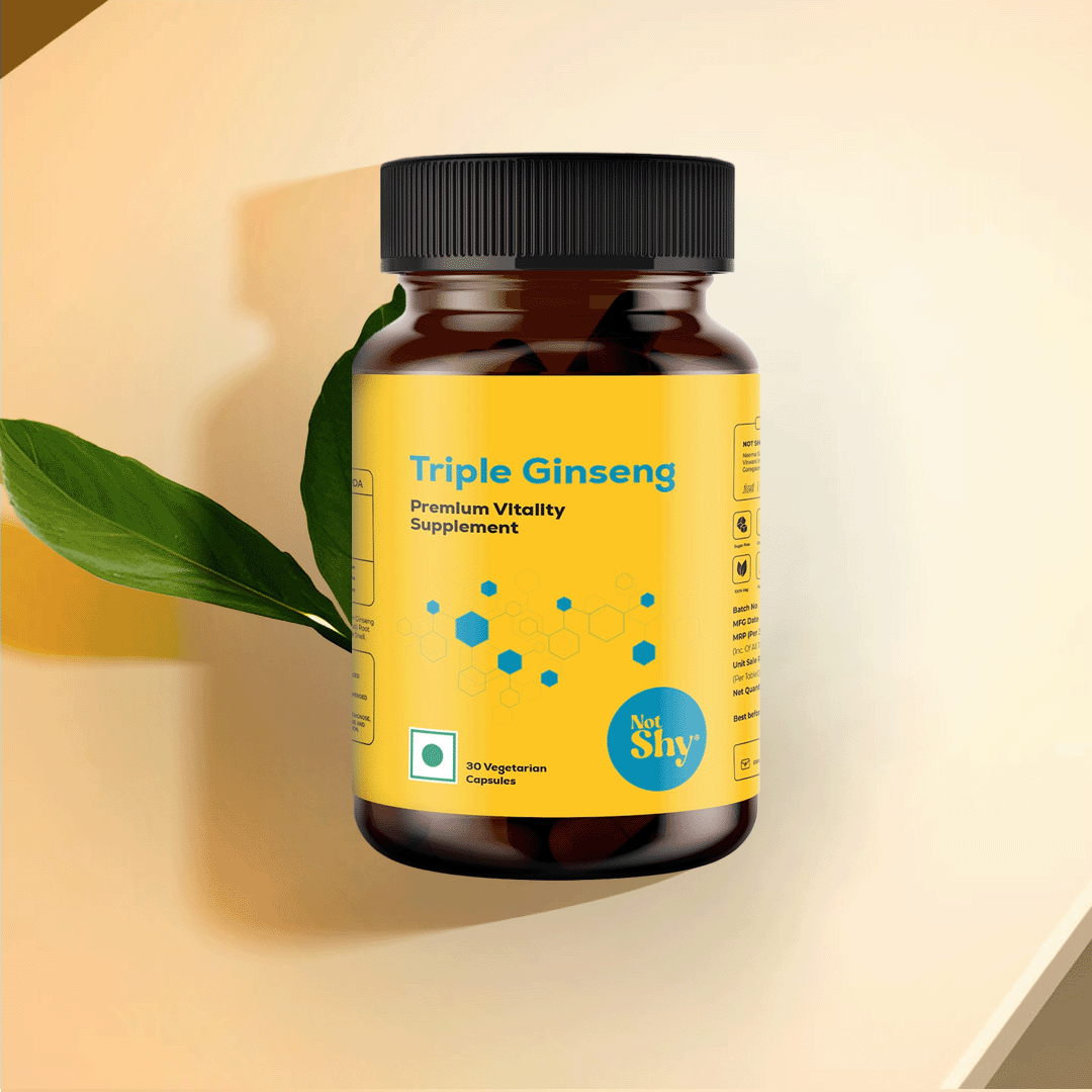 Not Shy Triple Ginseng vitality supplement bottle with Korean, American, and Siberian ginseng extract