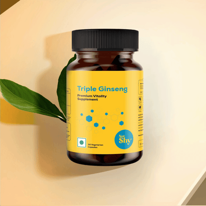 Not Shy Triple Ginseng vitality supplement bottle with Korean, American, and Siberian ginseng extract