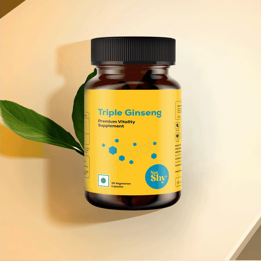 Not Shy Triple Ginseng vitality supplement bottle with Korean, American, and Siberian ginseng extract