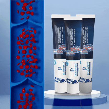 Three tubes of PENIKOSETE Ayurvedic cream with varicose vein illustration showing improved blood flow