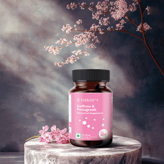 TABB-69®️ F Women’s Vitality Supplement Bottle – Saffron & Fenugreek – Plant-Based Formula with Floral Backdrop