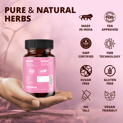 Back Label of TABB-69®️ F Supplement Bottle Held in Hand – Highlights Pure & Natural Herbs, Made in India, FDA Approved, GMP Certified, Sugar-Free, Gluten-Free, Vegan, No Talc