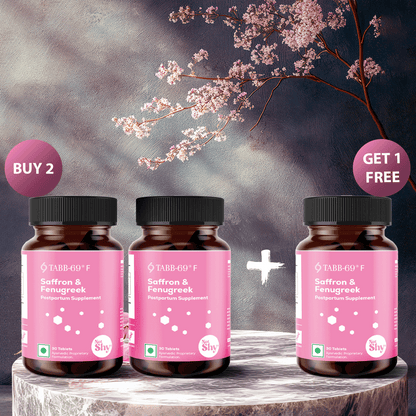 TABB-69®️ F Saffron & Fenugreek Supplement – Buy 2 Get 1 Free Offer Displayed with Three Bottles on Floral Background