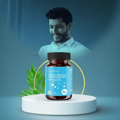 TABB-69 Men’s Supplement with Shilajit and Ashwagandha – Boosts Vitality and Confidence, Featured with Smiling Man in Background