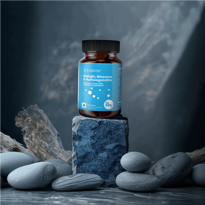 TABB-69 Men’s Supplement with Shilajit, Bhasma, and Ashwagandha – Ayurvedic Vitality Formula Displayed on Stone Backdrop