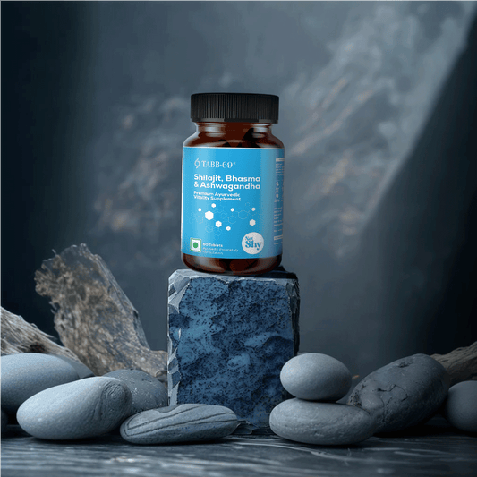 TABB-69 Men’s Supplement with Shilajit, Bhasma, and Ashwagandha – Ayurvedic Vitality Formula Displayed on Stone Backdrop